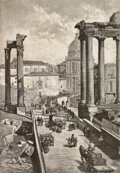 Passage par le Forum, Rome, Italie, gravure d