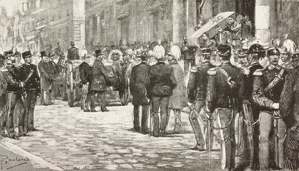 Politiciens et officiers assistant au cortège funèbre de Luigi Mezzacapo (1814-1885), homme politique et officier italien, Rome, Italie, gravure d
