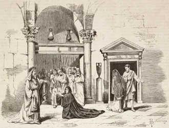 Cabinet du Souverain Pontife dans le palais, Postumia suppliant Fabio Massimo, Rome Vaincue par Alexandre Parodi, Acte V, gravure de Dante Paolocci d