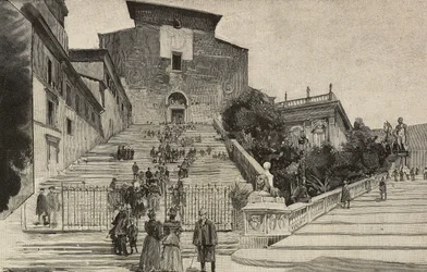 Vue de la Basilique de Santa Maria in Aracoeli, Rome, Italie, gravure d