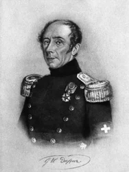 Portrait de Guillaume-Henri Dufour (1787-1875), général, ingénieur, topographe suisse et cofondateur du Comité international de la Croix-Rouge, gravure d