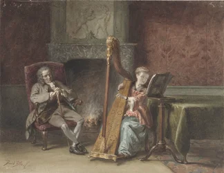 Intérieur avec une fille jouant de la harpe et un homme assis regardant