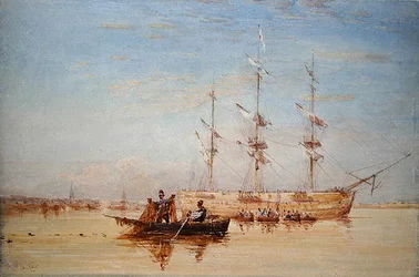 Un vaisseau de guerre au mouillage sur la Tamise