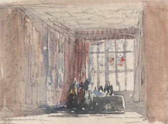 Une pièce Tudor avec des figures, peut-être Hardwick Hall ou Haddon Hall