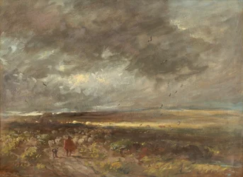 Paysage de lande : berger et moutons