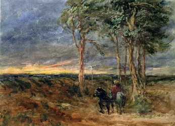Voyageurs approchant un panneau sur une lande, 1851