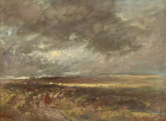 Paysage de lande : berger et moutons