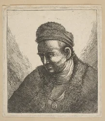Homme sans barbe en manteau de fourrure et bonnet : Buste