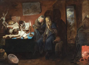 Un intérieur avec un alchimiste, une femme et un enfant (une vanité) (huile sur toile)