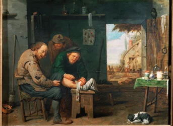 "Le chirurgien-barbier (huile sur bois)