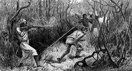 Embuscade Manyema, Afrique centrale, gravure des Derniers journaux de David Livingstone
