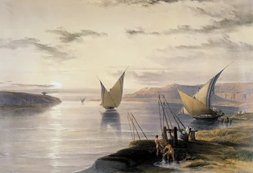 David Roberts (1796-1864) Artiste britannique (écossais). Aquarelle "Bateaux sur le Nil". En bas à droite, l