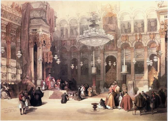 En Terre Sainte : Jérusalem, église du Saint-Sépulcre, chapelle grecque-orthodoxe (gravure)