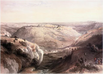 En Terre Sainte : Jérusalem, vue du sud avec paysage du désert de Juda (gravure)