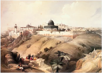 En Terre Sainte : Jérusalem, vue sur la vallée du Cédron et le mont du Temple (gravure)