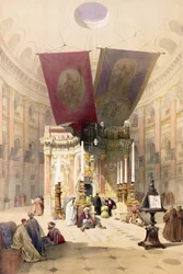 Édicule du Saint-Sépulcre, 10 avril 1839, planche 14 du volume I de «The Holy Land», gravée par Louis Haghe (1806-85), publiée en 1842
