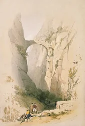 Arc de triomphe franchissant le ravin menant à Pétra, planche 95 du volume III de « The Holy Land », gravée par Louis Haghe (1806-85), publiée en 1849