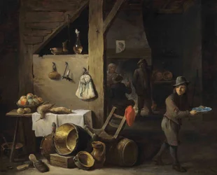 Intérieur de cuisine avec un jeune garçon et trois personnages en train de boire et de fumer