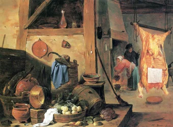 Intérieur de cuisine avec nature morte et bœuf abattu