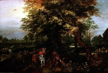 Paysage boisé avec des paysans