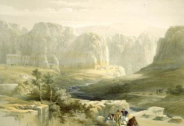 Petra regardant vers le sud, 9 mars 1839, planche 106 du Volume III de La Terre Sainte, gravé par Louis Haghe (1806-85) pub. 1849