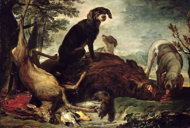 Chiens avec sanglier et cerf abattus
