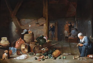 Un intérieur de cuisine avec une femme préparant des légumes, des personnages en conversation au-delà (huile sur panneau)