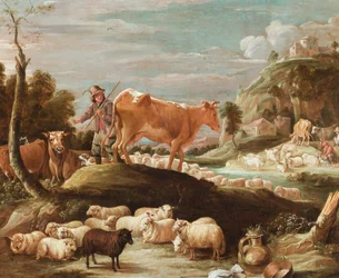 Un bouvier avec des bovins et des moutons près d