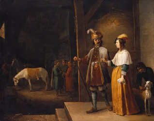 Une dame et un gentleman entrant dans une écurie