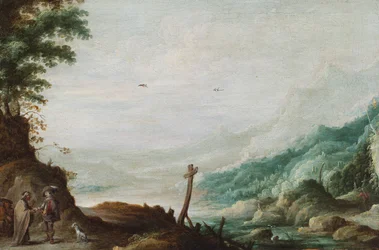 Un paysage fluvial montagneux avec une diseuse de bonne aventure (huile sur panneau)
