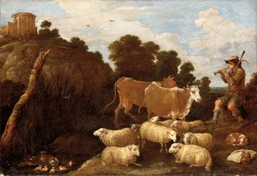Paysage fluvial avec un berger jouant de la flûte avec des ruines classiques sur une colline au-delà