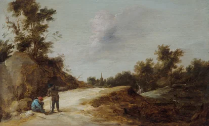 Paysans se reposant sur un chemin dans un paysage rocheux et boisé