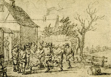 Paysans dansant devant une maison