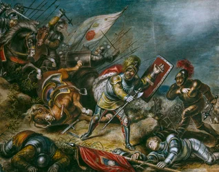 Une peinture représente Richard III combattant à pied sur le champ de Bosworth