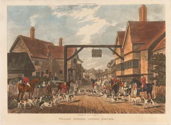 [Chasse au renard] ensemble de quatre : Hertfordshire. 1. (Whitewell près de Welwyn) / Scène de village - Rencontre des chiens