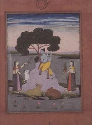 Krishna jouant pour deux gopis, Hyderabad, vers 1770