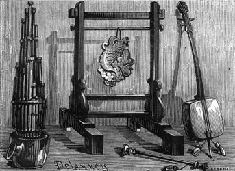 Instruments de musique chinois : orgue, pierre sonore et violon.