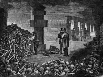 Paris, vue du carrefour du memento dans les catacombes (gravure) 18e siècle