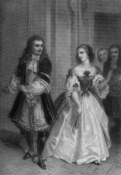 Jouer Le Misanthrope de Molière : Alceste, Célimène, Eliante, Philinte gravure de Delannoy d