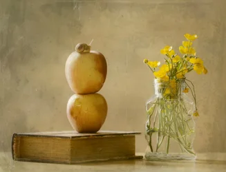 Un escargot sur des pommes empilées