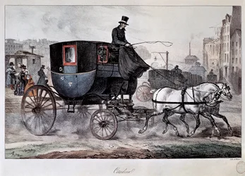 Transport public au XIXe siècle : un fiacre dans les rues de Paris (gravure en couleur)