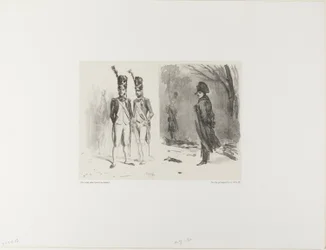 Feuille avec croquis (Grenadier de la Garde, Napoléon dans un bivouac)