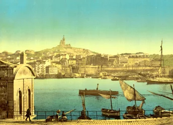 Notre Dame de la Garde from Quai de la Joilette, Marseilles, c.1890-1900 (photochrom print)France,