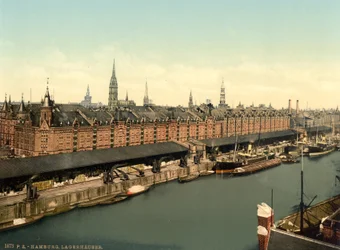 Entrepôts aux docks, Hambourg, Allemagne, Photochrome, c.1900