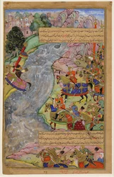 Jalal al-Din Khwarazm-Shah traversant le fleuve Indus rapide, échappant à Gengis Khan et son armée