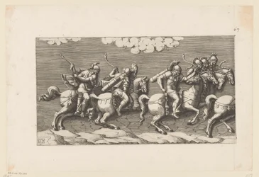 Défilé de cavaliers armés (partie gauche)