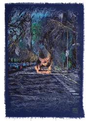 Auto en fuego en Belgrano, 2025 (acrylique, encre et crayon sur tissu)