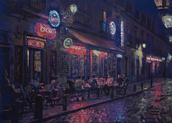 Calle y bar madrileño, 2025 (acrylique, encre et crayon sur tissu)