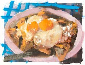 Chilaquiles con pollo y huevo, 2018 (peinture acrylique sur photo imprimée)