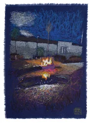 Fogón en madFaber, 2025 (acrylique, encre et crayon sur tissu)